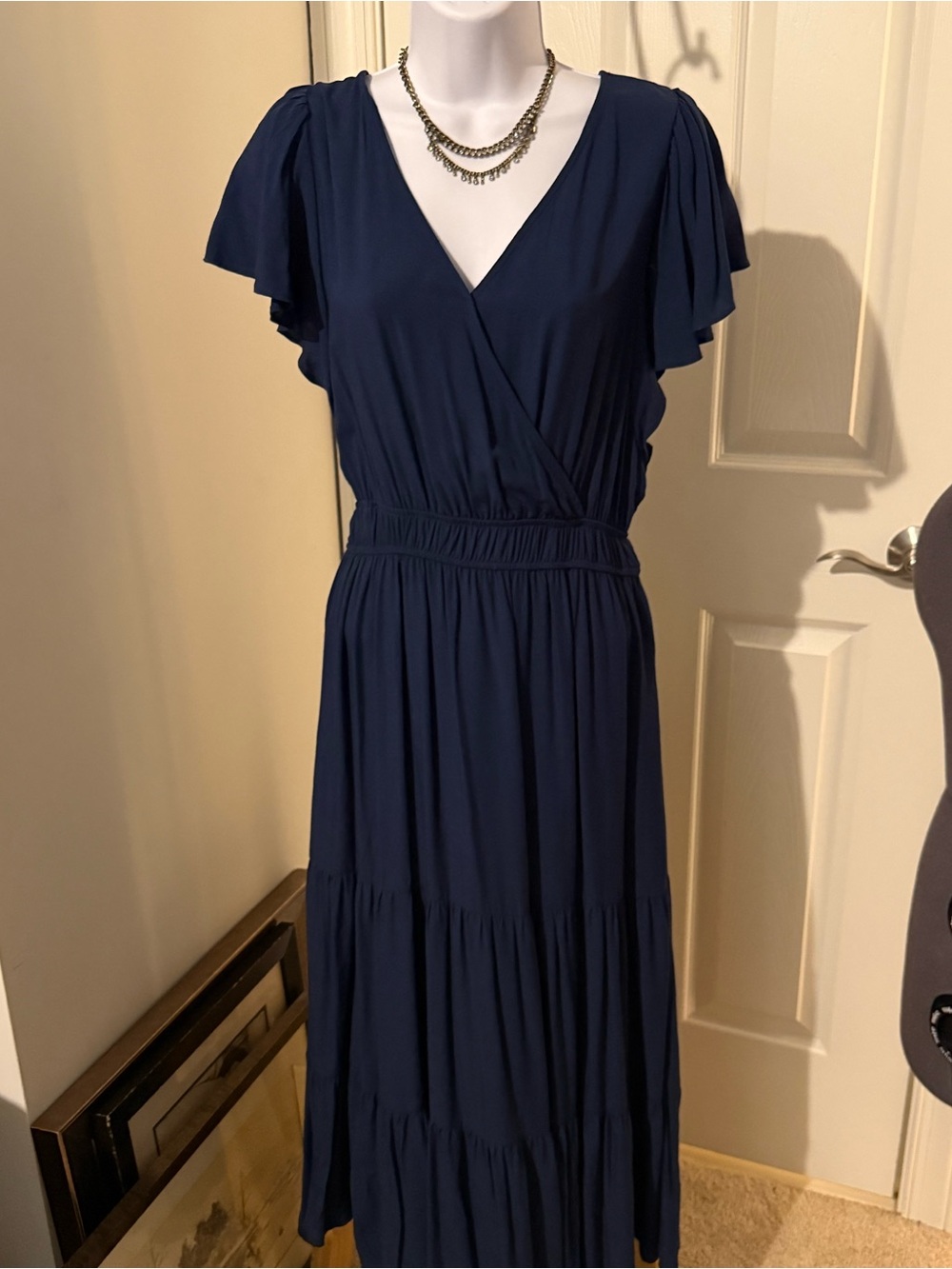 Knox Rose Navy Blue Tiered Maxi Dress M Flutter Sleeve Boho V Neck